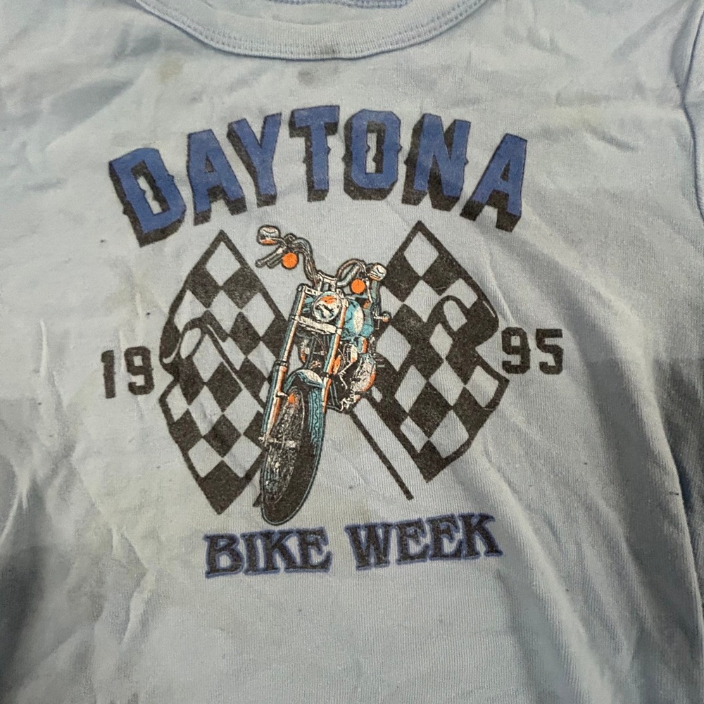 Fifth Sun Baby Tee Womens Size XS Blue Daytona Bike Week 1995 Graphic Cropped